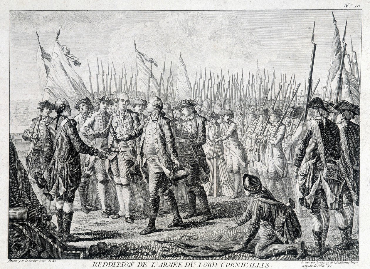 Rendição do exército britânico de Lord Cornwallis (1738 - 1805) à América em 19 de outubro de 1781. de Unknown artist