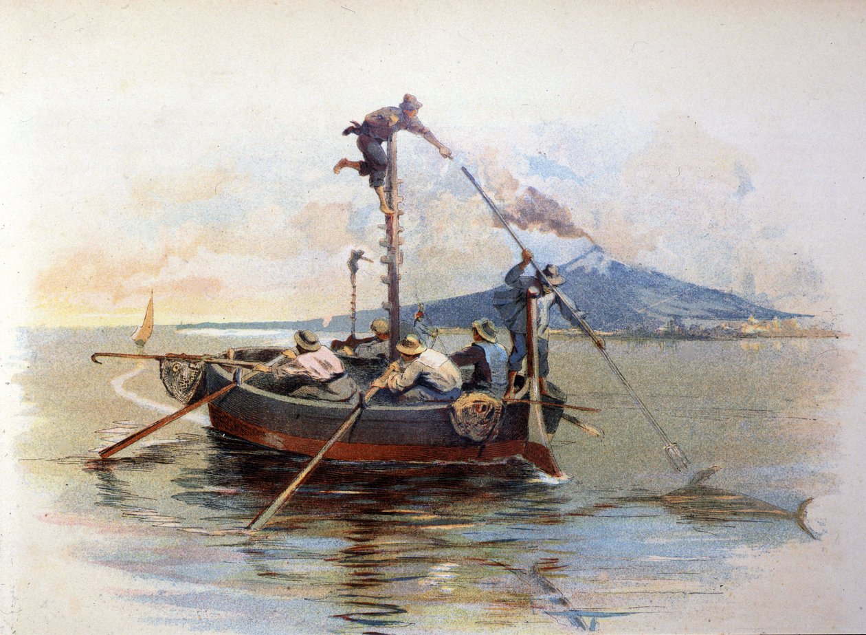 A pesca do espadarte arpão na Detroit de Messina, na Sicília. Aquarela de 1898 de Unknown artist