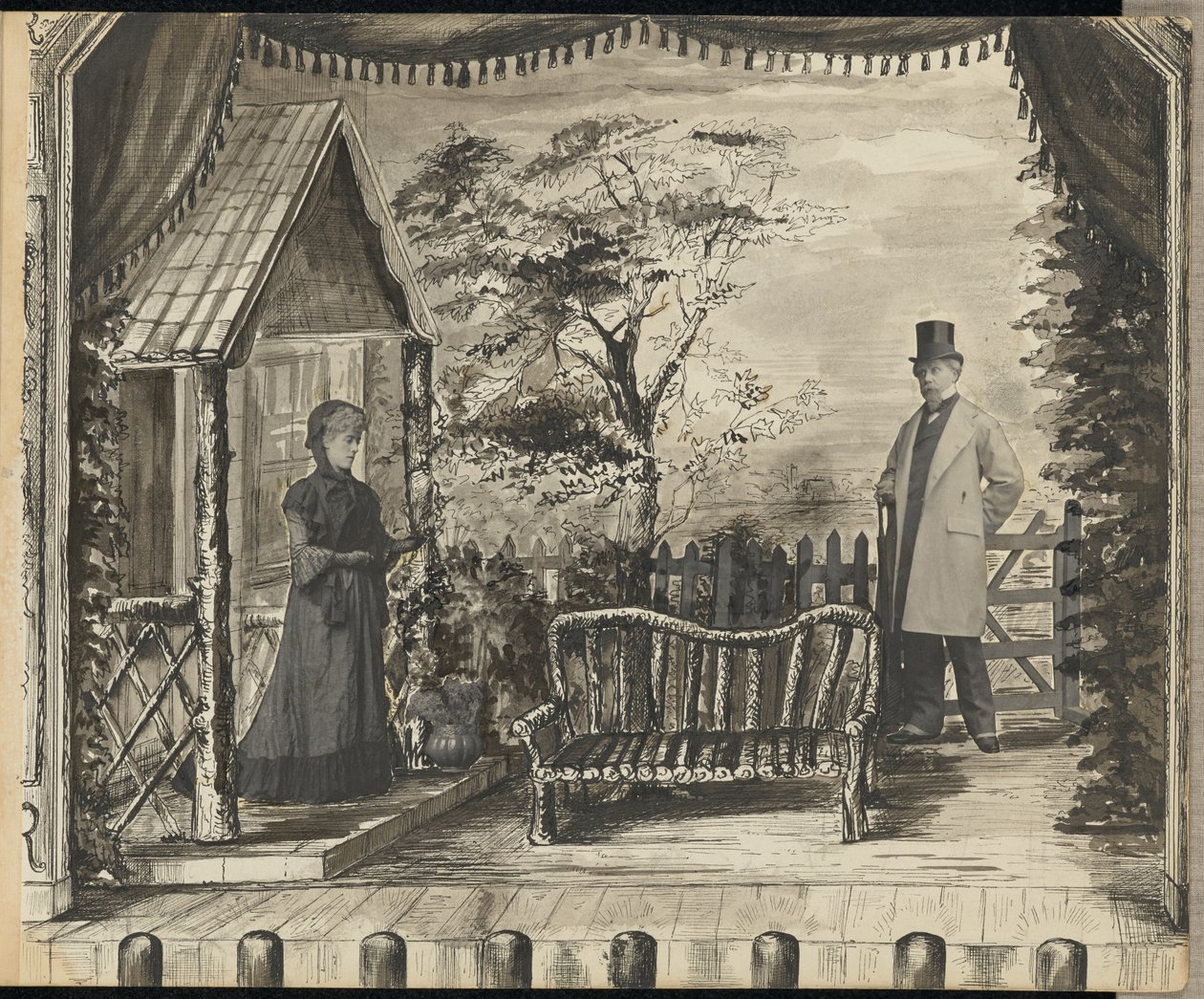 [Quadro vivo de um homem e uma mulher num palco de teatro] de Unknown artist