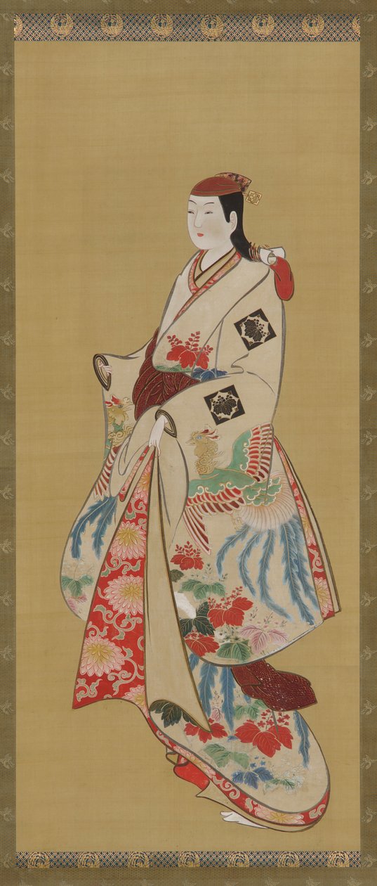 Garota alta; vestido estampado com pássaros ho-o e flores kiri de Unknown artist