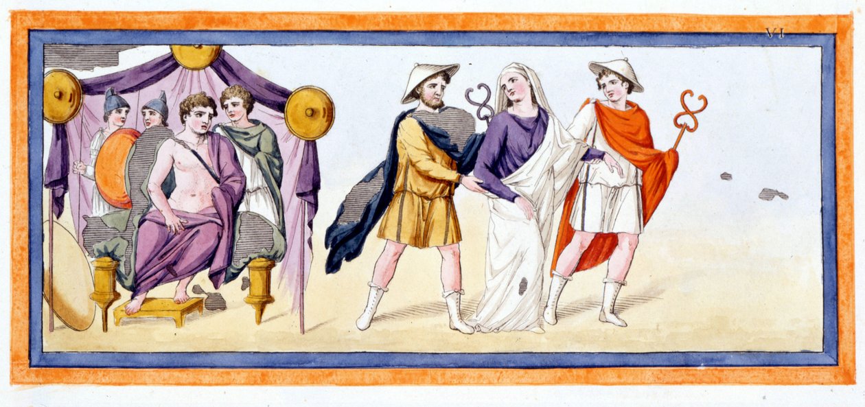 Talthybios e Eurybates levam a virgem Briseis perante Aquiles, que está de pé na tenda dos Mirmidones. Ilíada Canto I, v 345. Gravura do final do século XVIII. de Unknown artist