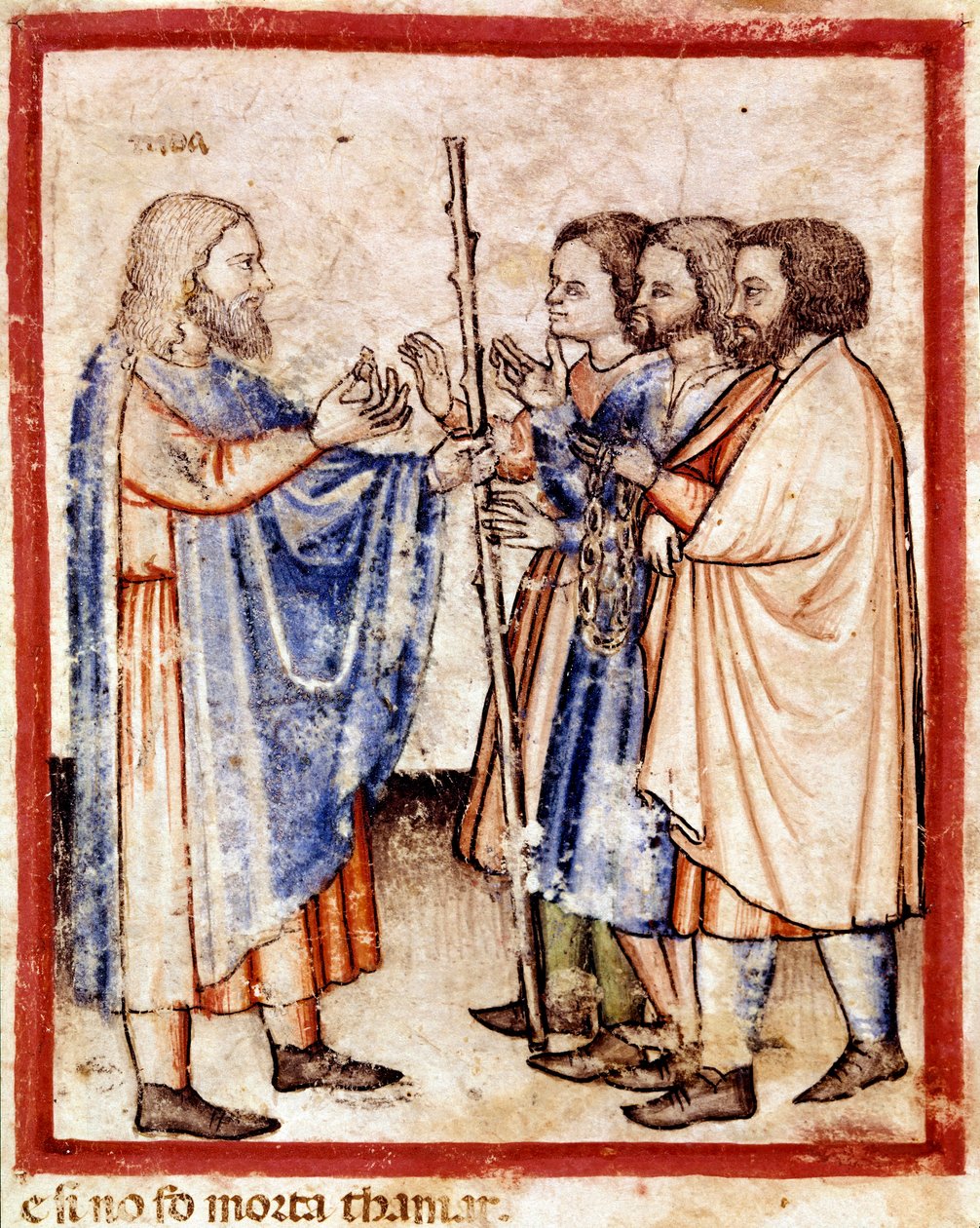 Tamar apresentando a Judá o selo, o cordão e o bastão que ele tinha deixado como segurança, miniatura do códice 212 (ou códice padovano ou Bíblia de Pádua) 1390-1400 (vellum) de Unknown artist