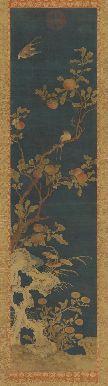 Tapeçaria: pássaros, pessegueiros, pedras e flores sobre fundo azul de Unknown artist