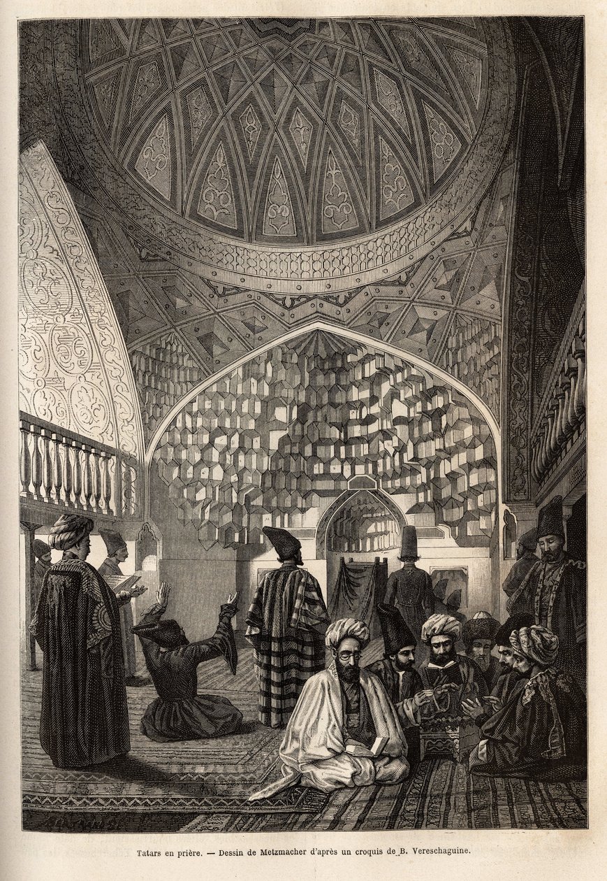 Tatares em oração, na Mesquita de Schusha (Transcaucásia, Rússia). Gravura para ilustrar a viagem nas províncias do Cáucaso, por Basile Vereschaguine, em 1864-1865, publicada em "le tour du monde", sob a direção de D