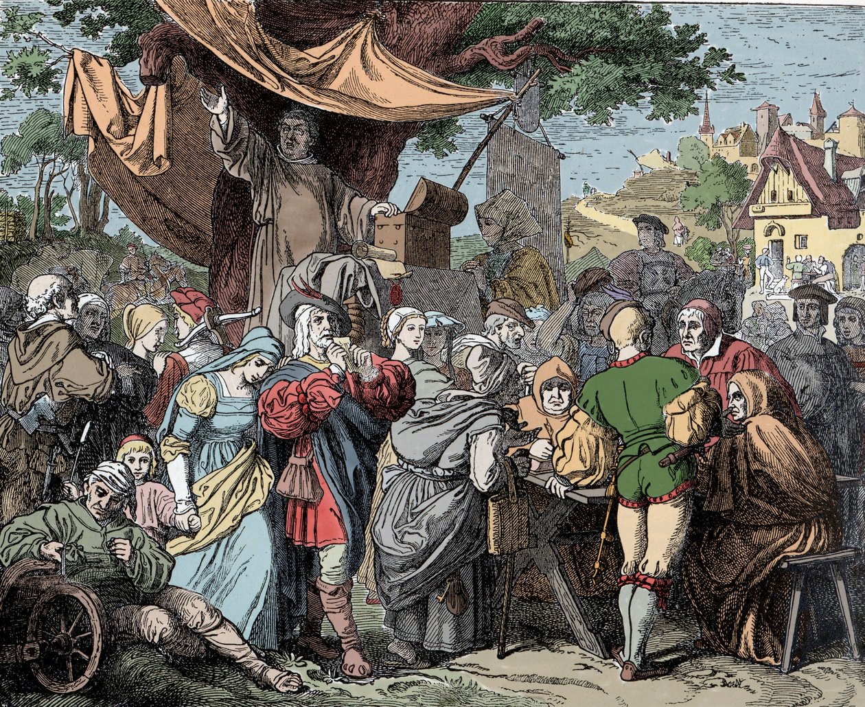 Tetzel Selling Indulgences - Johann Tetzel (1465-1519), padre dominicano alemão, vende indulgências para a construção da Basílica de São Pedro em Roma, cerca de 1515 de Unknown artist