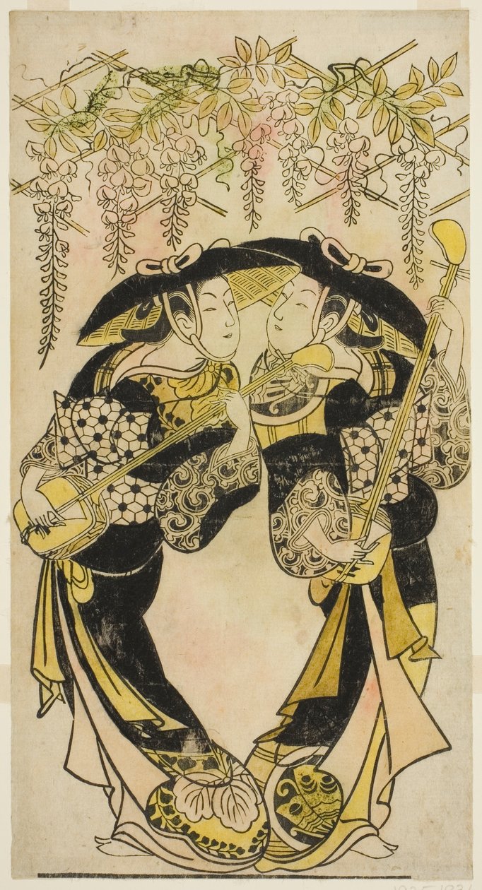 Os actores Sanjo Kantaro (à direita) e Fujimura Handayu (à esquerda) como músicos a tocar debaixo de glicínias de Unknown artist