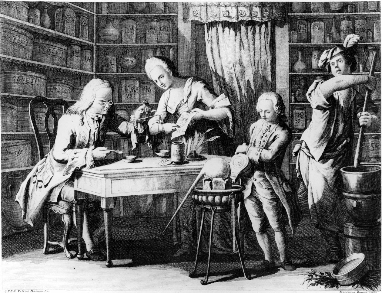 O boticário. A gravura do século XIX. de Unknown artist