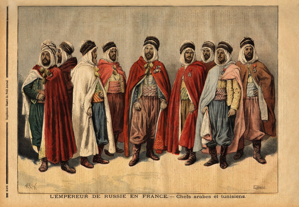 Os chefes árabes e tunisinos, encarregados da guarda de honra do czar Nicolau II, em visita à França. (Si Hamza, chefe dos Uleds sidi sheiks; Si Mohammed ben Gana, agha dos Zibans; Si Ferhat Mouly, caid dos Beni Maaida; Si Lakdan, agha dos Larbaa de Unknown artist