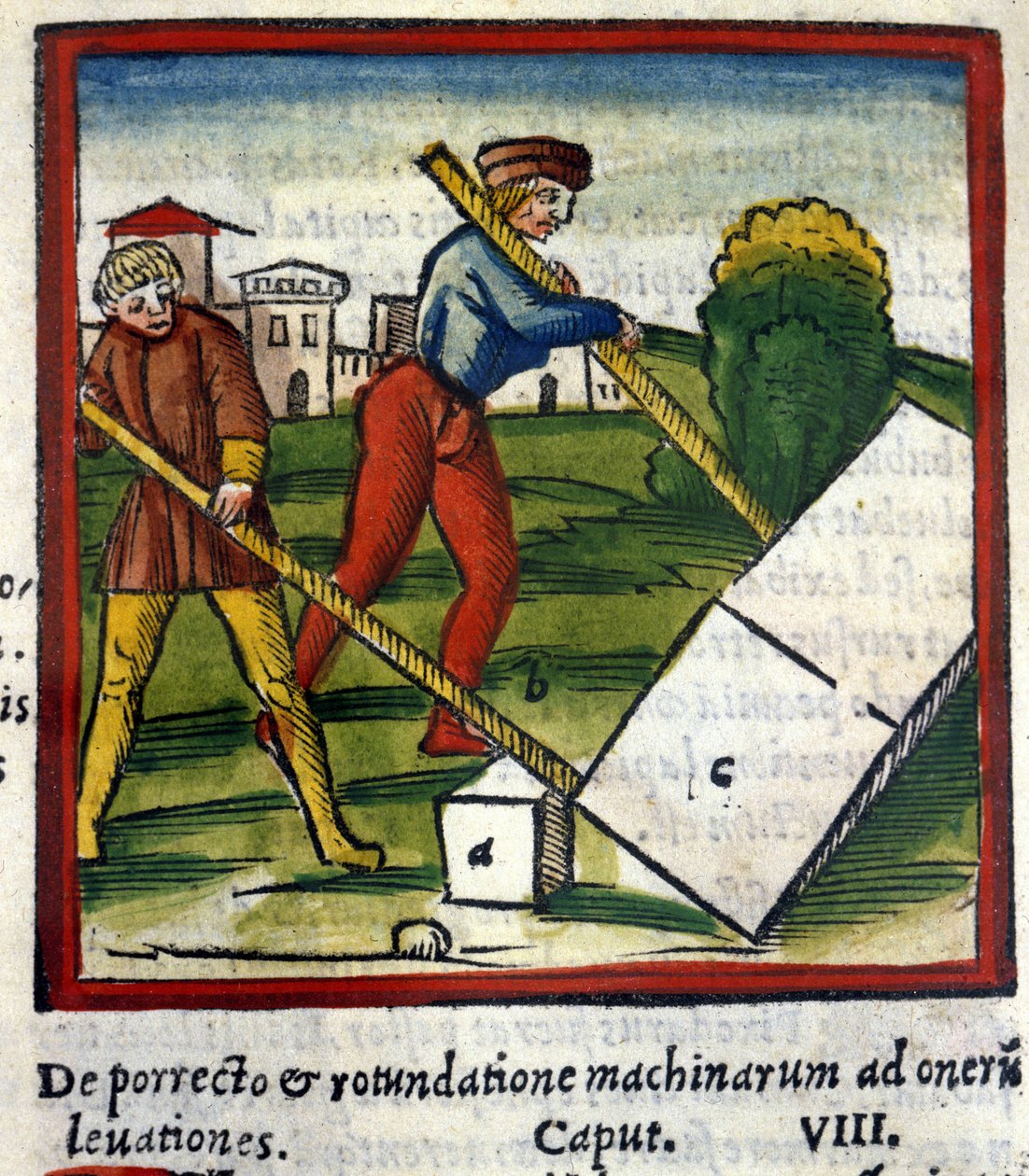 A alavanca Archimedes (287 a.C. - 212 a.C.) em De architectura de Vitruva. 1630. Trivulziana, Milão. de Unknown artist