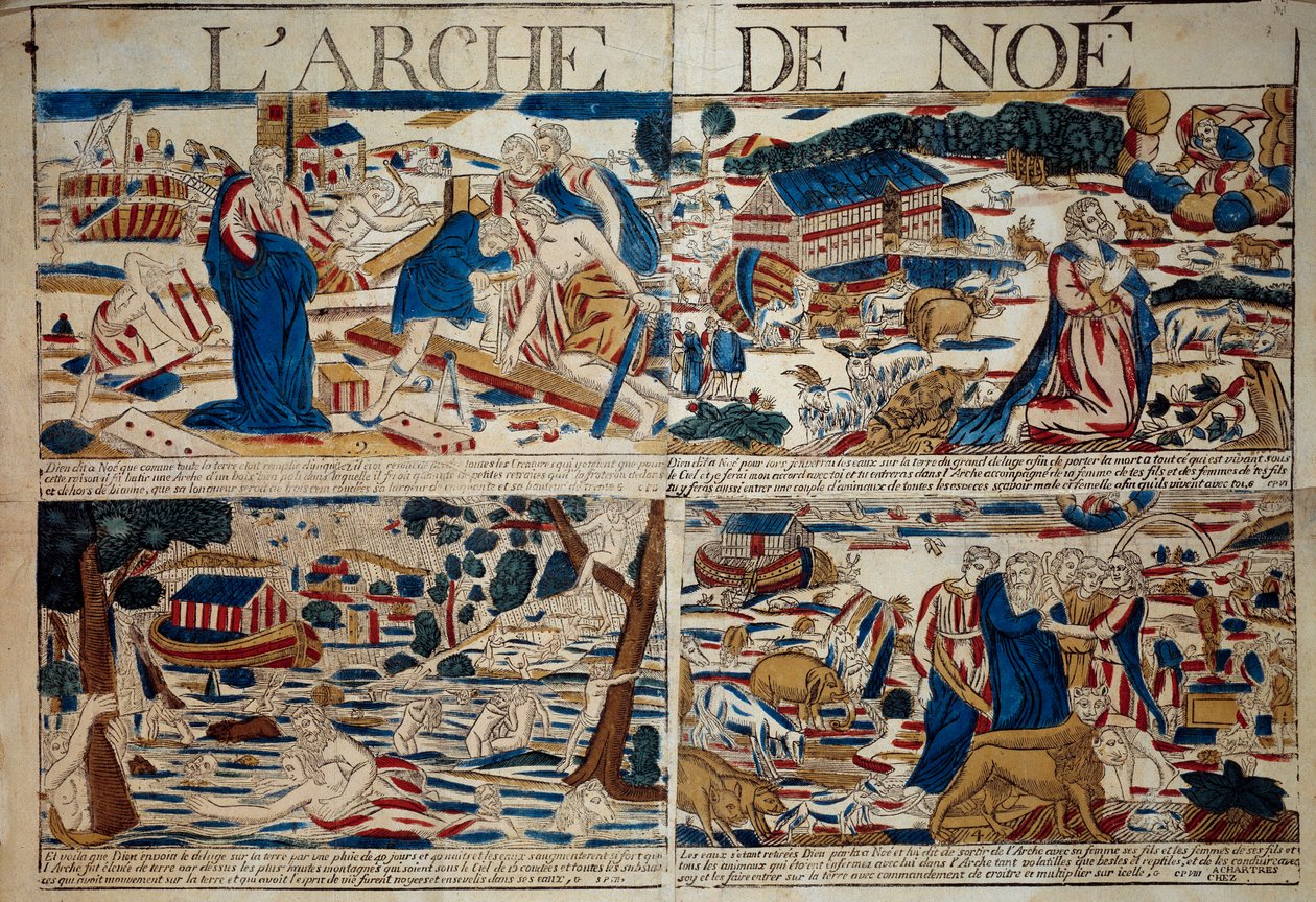 A Arca do Noé A construção da arca, Noé recebe o anúncio do Dilúvio, o Dilúvio, as espécies animais salvas após o dilúvio" Gravura da Coleção Privada do século XVIII de Unknown artist