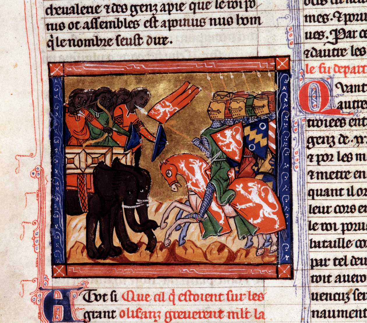 A Batalha de Hydaspes Alexander e Porus lutando em 327 AC. Alexandre o Grande continua sua conquista em direção ao Vale do Indo. Em 326 AC, ele derrotou Puru (ou Poros, rei da tribo Paurava no século IV AC) e seu exército de elefantes de guerra no de Unknown artist