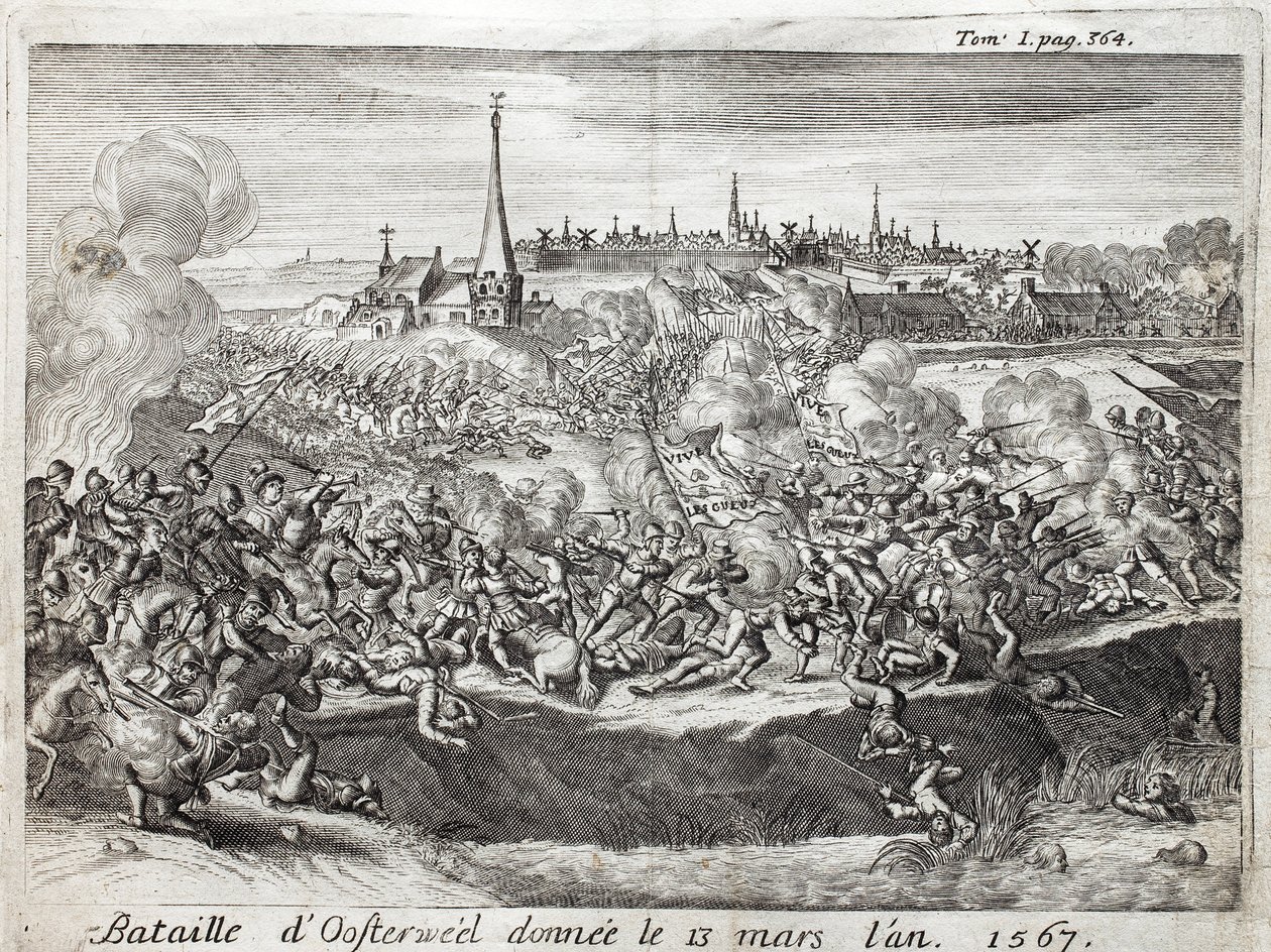 A Batalha de Oosterweel (Holanda, Holanda), realizada em 13 de março de 1567, o primeiro confronto da Guerra dos Oitenta (Oitenta) Anos (1567-1648). Gravura para ilustrar a "História da Guerra da Flandres", de Flamianus Strada, edição Joseph T
