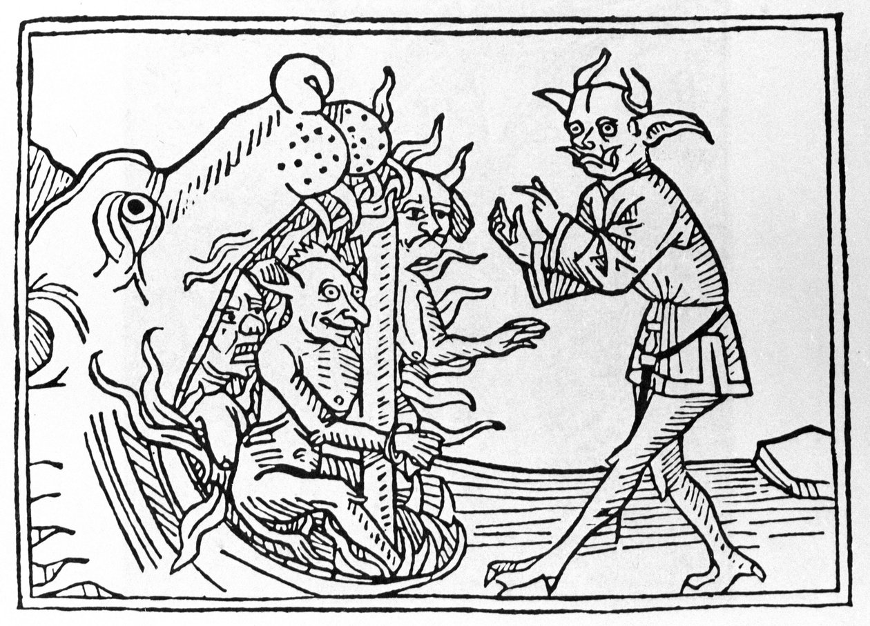 Os Procesos Belial: "O Demônio Belial Retornando à Entrada do Submundo" Gravação de "The Belial Proces" de Jacobus de Teramo (ou Palladino), Ausburgo de Unknown artist