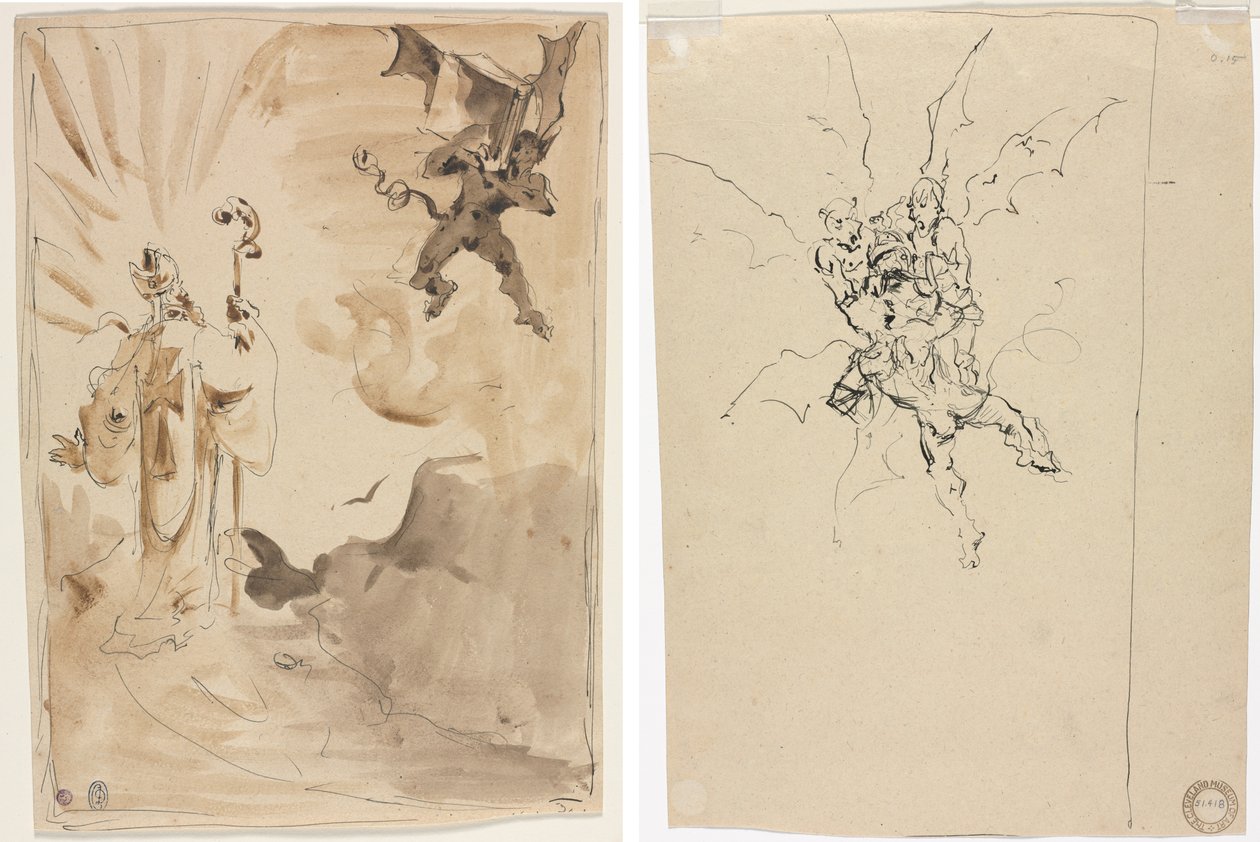 O Bispo e o Demônio (reto); Três Demônios Segurando um Cavaleiro (verso) de Unknown artist