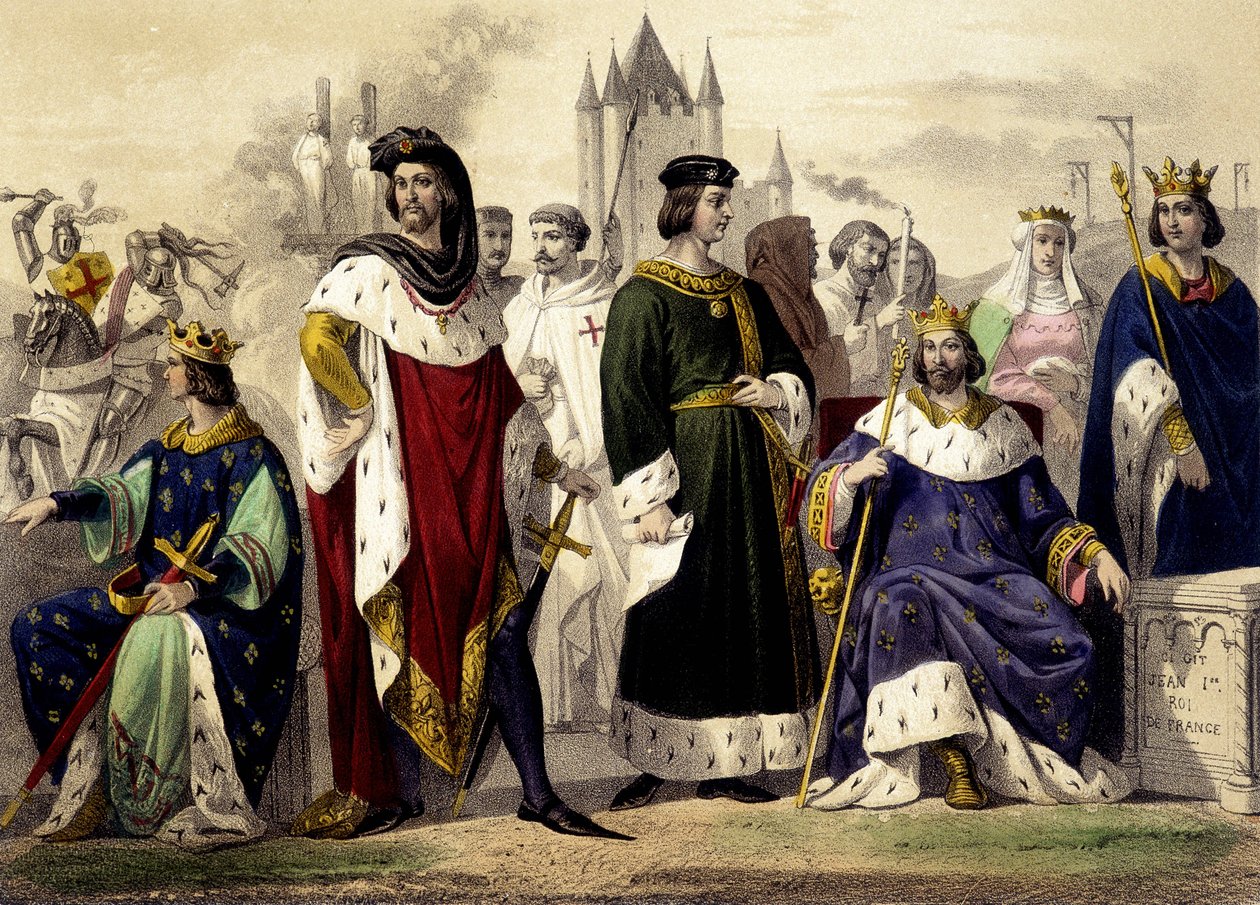Os Capetians de 1270 a 1322. Filipe III o Hardi, Filipe IV o Bel, Luís X o Hutin, Filipe V o Longo, Carlos IV o Bel. Gravura do século XIX. de Unknown artist