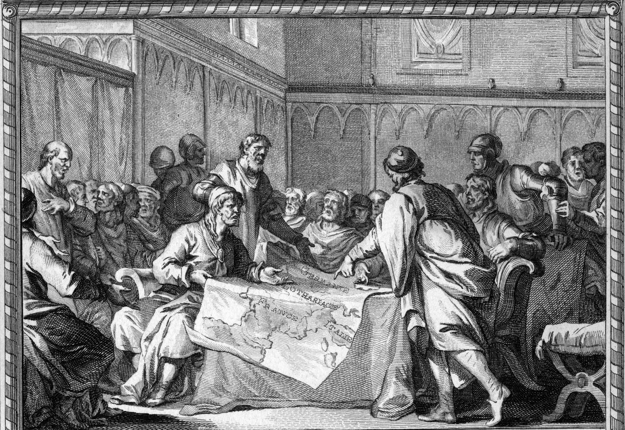 O Império Carolíngio foi dividido entre os três filhos de Luís o Pio: Lothaire I, Luís o Germânico e Carlos o Careca, de acordo com o Tratado de Verdun (843). Gravura do século XVIII. de Unknown artist