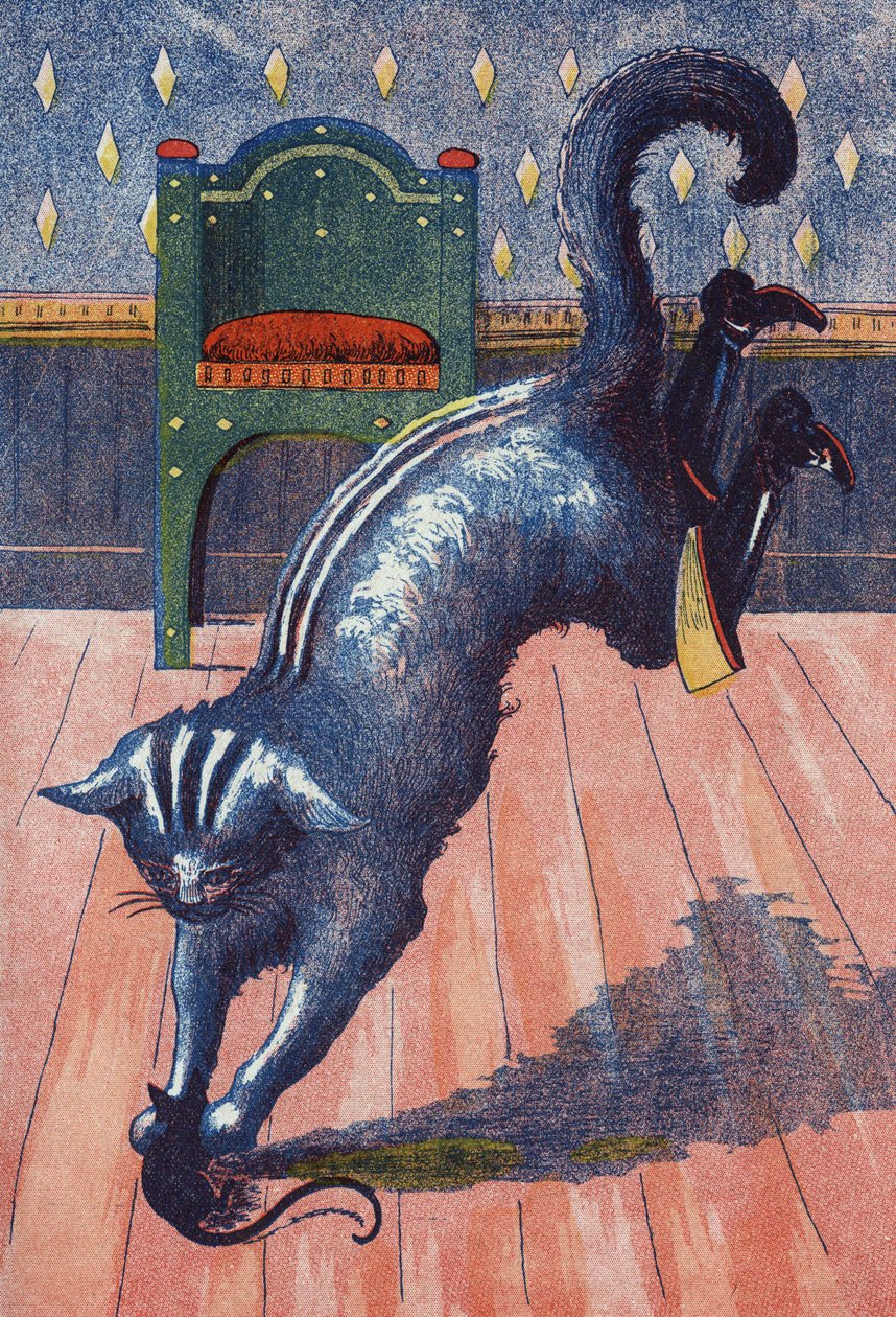 O Gato atira sobre o ogre e transforma-se num rato. Ilustração de "Le chat Botte", conto de Charles Perrault (1628-1703), escritor francês. Ilustração anônima. Imagery Marcel Vagne, Jarville Nancy, sem data (final do século XIX). de Unknown artist