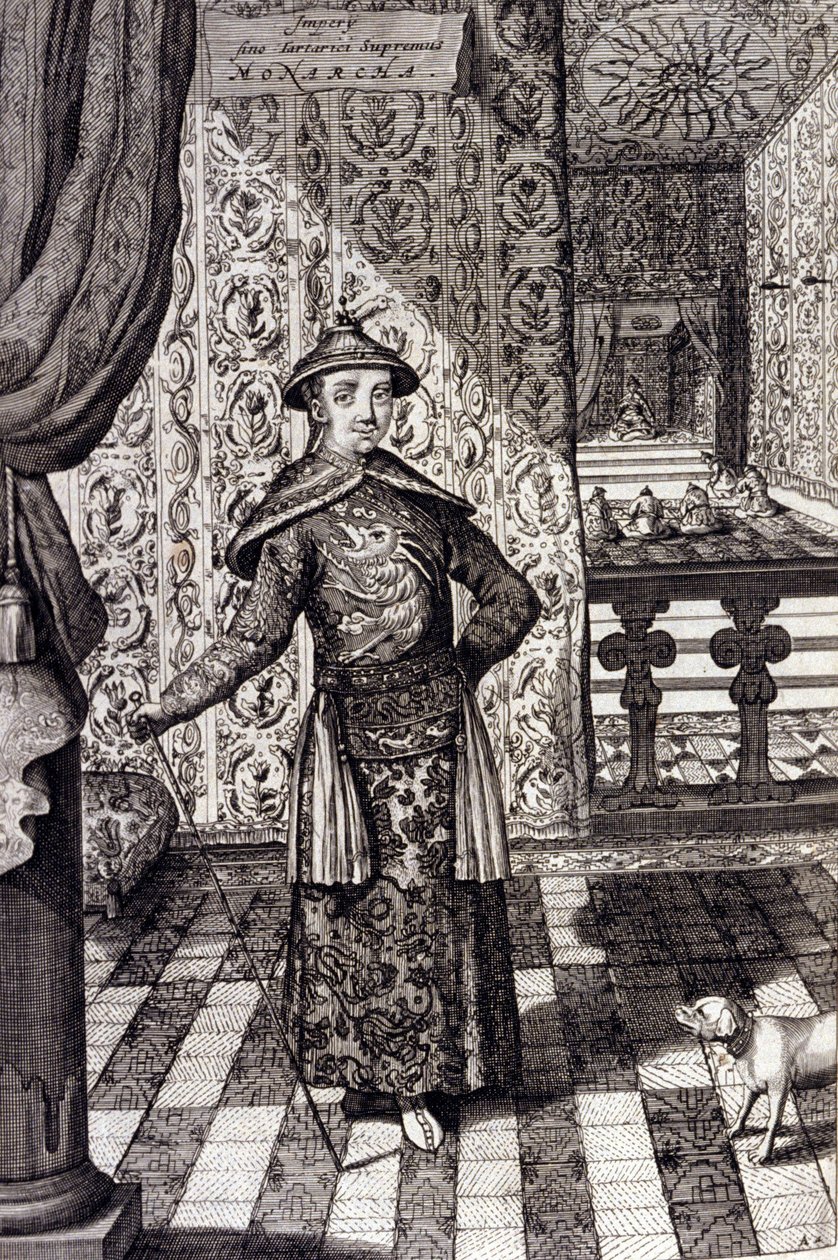 O Imperador chinês e Governante Supremo dos Tártaros - Imperador chinês Kangxi (1652-1722) Dinastia Qing, gravura de Athanasius Kircher (1601-1680) de "China Monumentis, qua sacris qua profanis" 1667 - Imperador chinês Kangxi (1652-1722) Dinastia Qing, de Unknown artist