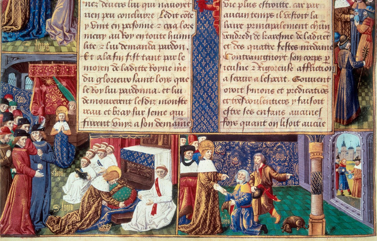 As virtudes cristãs (como a piedade e a devoção) do rei Luís IX (1214-1270) (São Luís): à esquerda o rei abraça o crucifixo, à direita recebe a Velha Montanha. Miniatura de um manuscrito "O Livro de Fatos de Monsenhor São Luís" 15t de Unknown artist