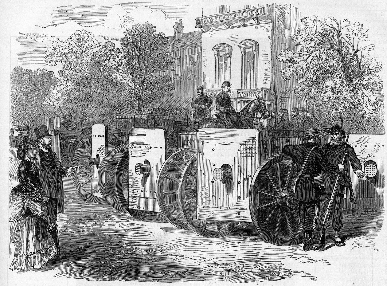 A Comuna de Paris, em 1871. Metralhadora blindada utilizada pelos federais (comunas) de Unknown artist