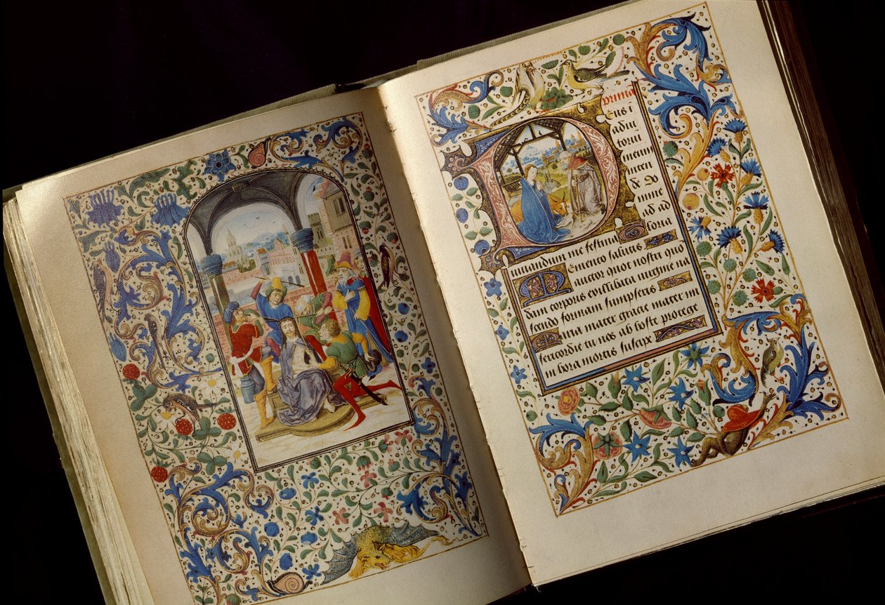 A Coroação das Espinhas Página dupla de um manuscrito aberto de "Livro de Horas de Maria de Borgonha (1457-1482)" (Cod. 1857) final do século XV Osterreischische Nationalbibliothek Viena de Unknown artist