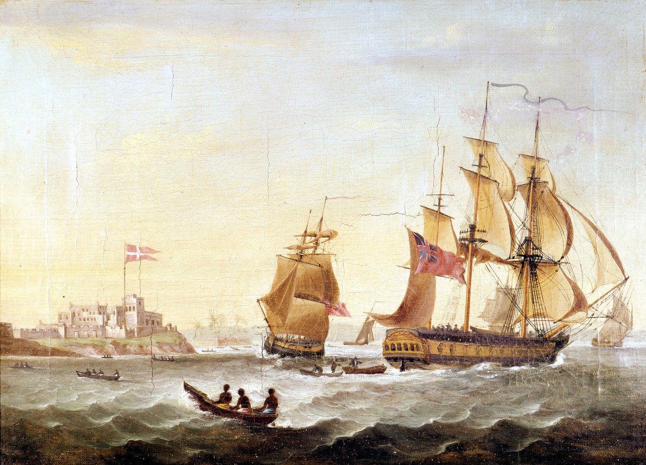 A base dinamarquesa de Cristianborg construída em 1659 ao longo da costa do Guinee, o centro do negador de tráfego. de Unknown artist