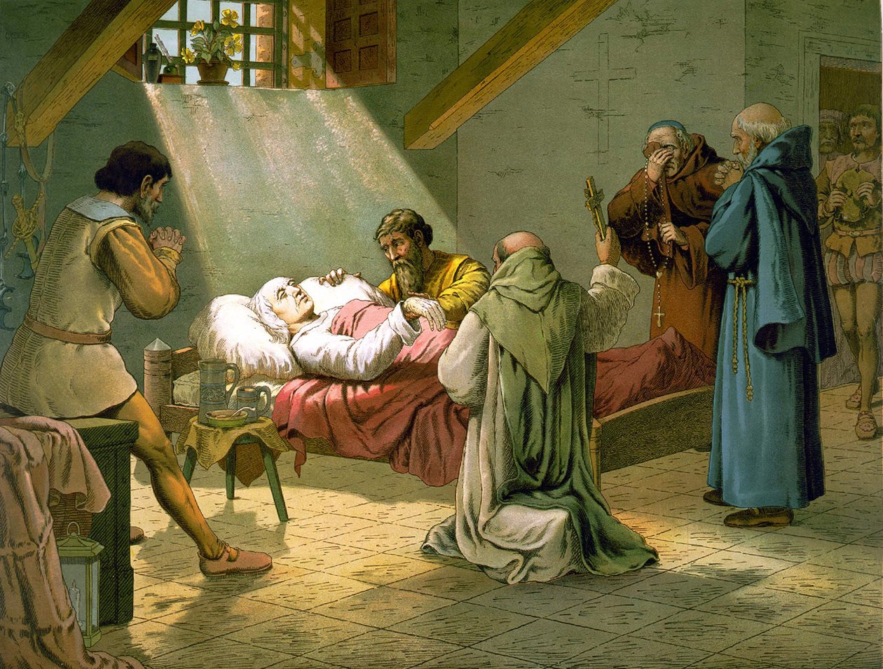 A Morte de Cristóvão Colombo 20/05/1506. Gravura a cores do século XIX. de Unknown artist