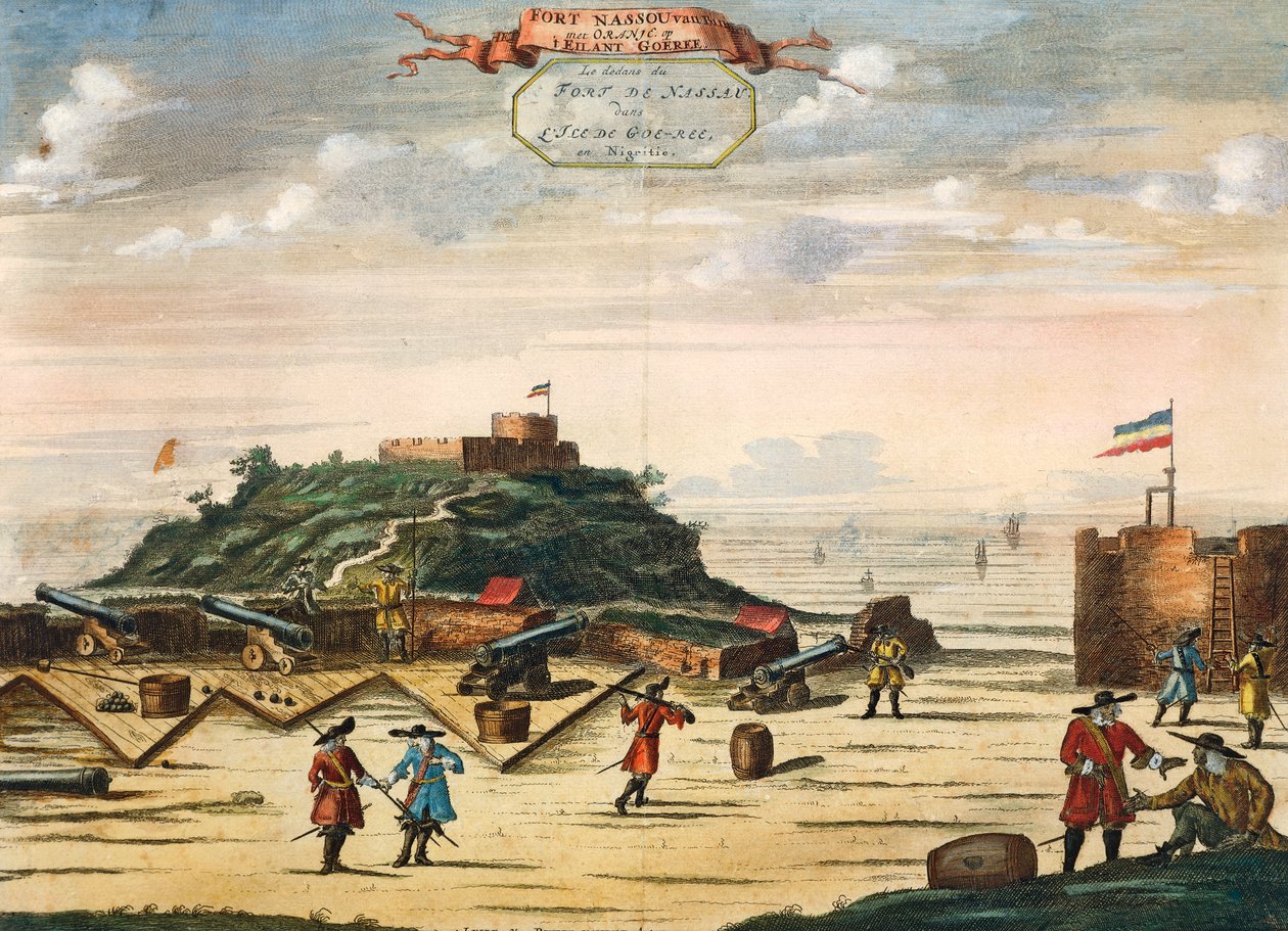 O forte holandês de Nassau, na ilha de Goree, Senegal, gravura. África de Unknown artist