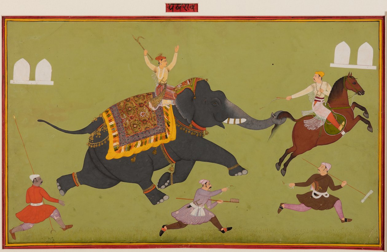 O elefante de Maharana Jai Singh de Mewar (r. 1680–98) pega um cavalo pela cauda de Unknown artist