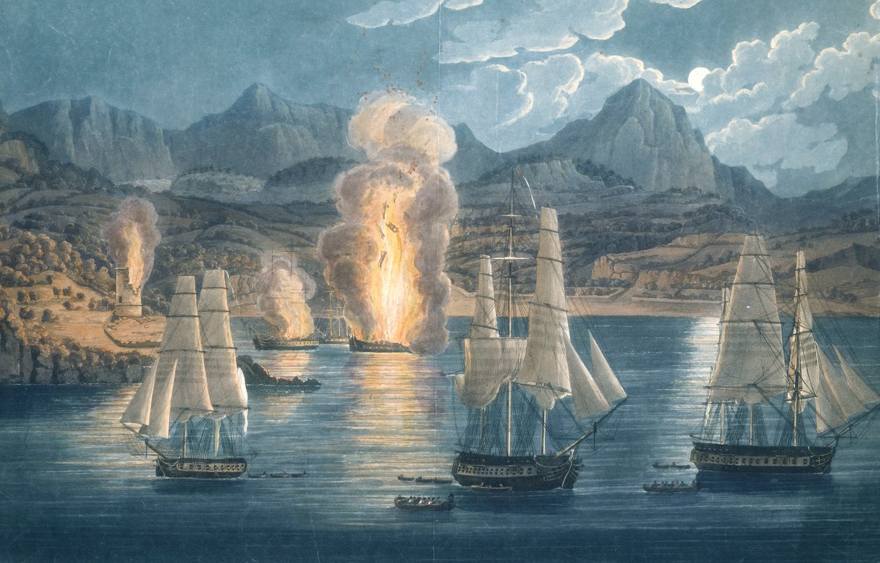 Os ingleses destruindo navios franceses na Baía de Sagone, Córsega, em 30 de abril de 1811 (água-tinta colorida) de Unknown artist
