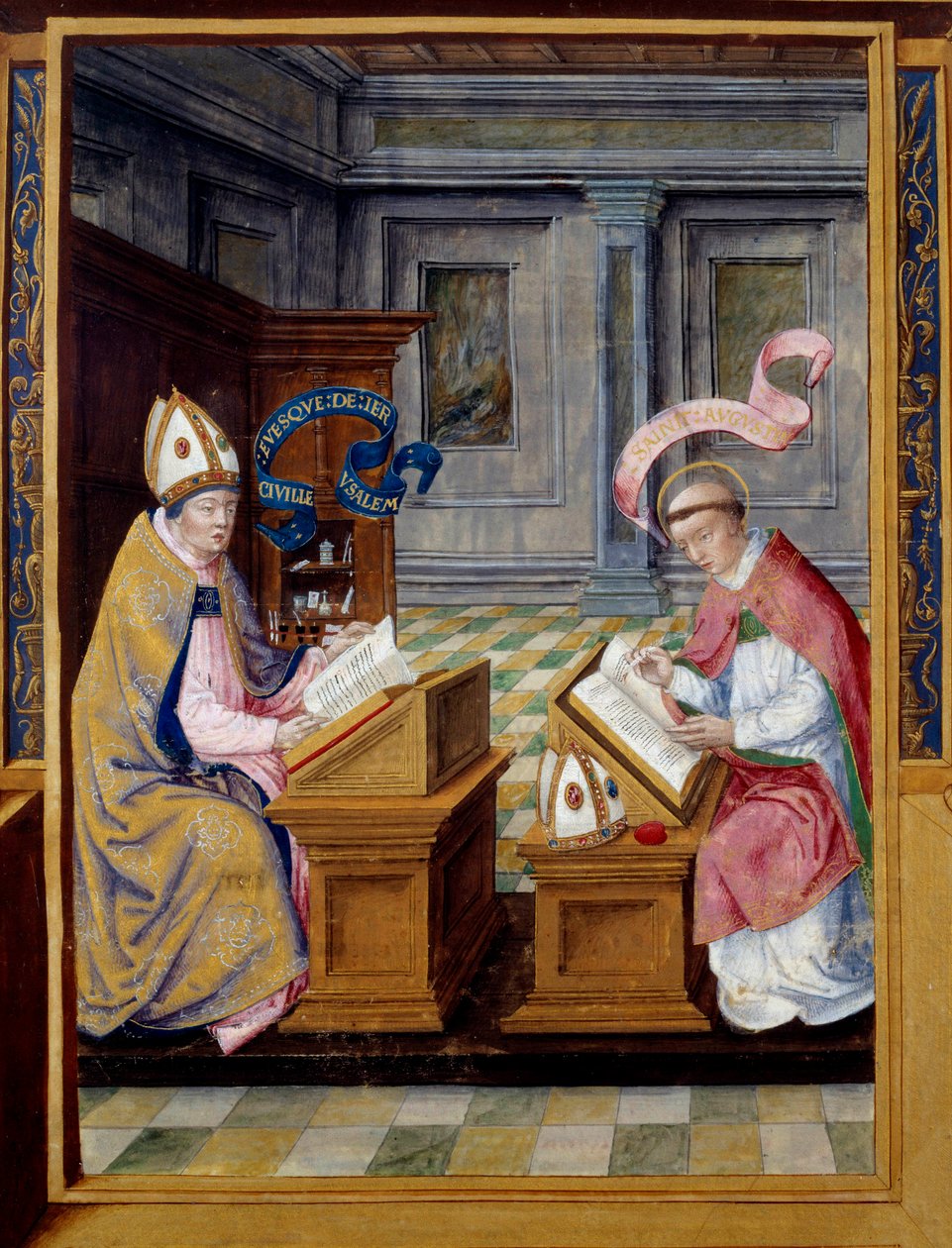 A Eveque de Jerusalém São Cirilo (315-386) e Santo Agostinho (354-430) Miniatura sobre pergaminho do século XVI. Ecouen, Museu Nacional da Renascença de Unknown artist