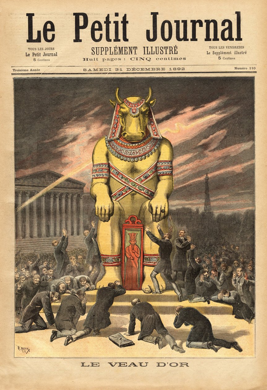 Os franceses, em frente aos degraus da Assembleia Nacional, ajoelhando-se para adorar o bezerro de ouro, símbolo da idolatria e do materialismo, a ilustração atesta o engano dos aforradores que aprenderam que seu dinheiro foi usado apenas para pagar o salá de Unknown artist