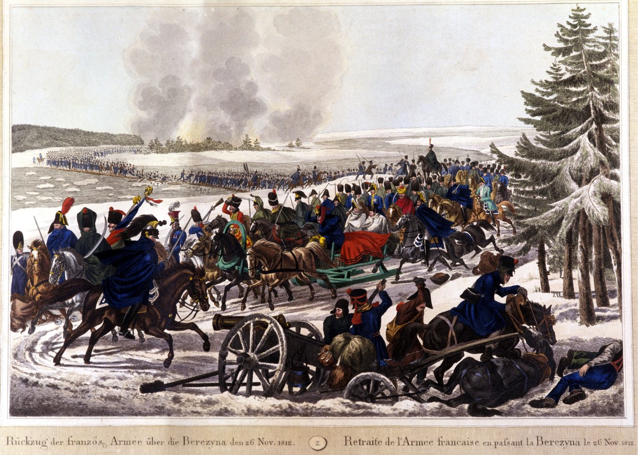As tropas francesas retiraram-se ao passarem pela Beresina (Berezina) em 26/11/1812. Gravura do século XIX. de Unknown artist