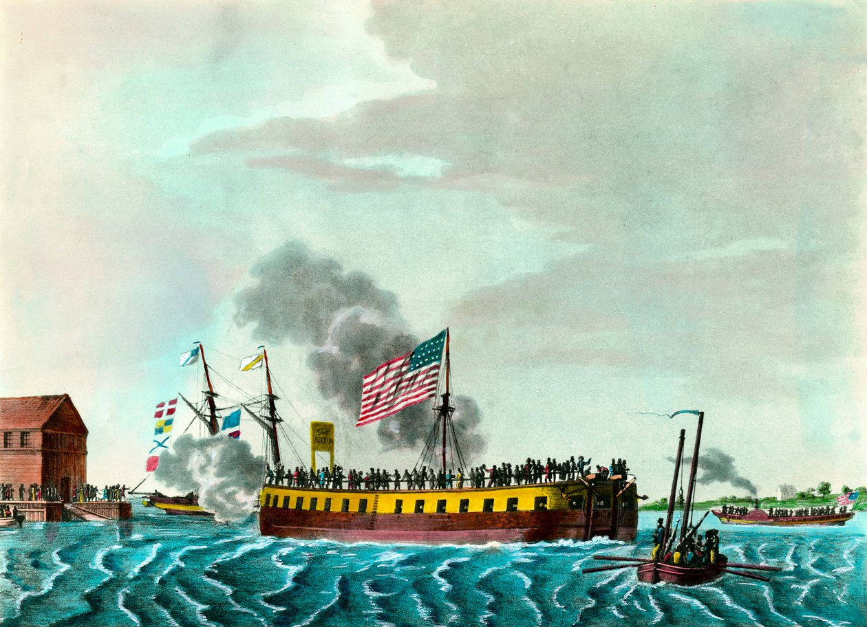 O Fulton Steam Fregate "Manobras no Porto de Nova Iorque, nos Estados Unidos" Gravando cerca de 1807 Coleção Privada de Unknown artist