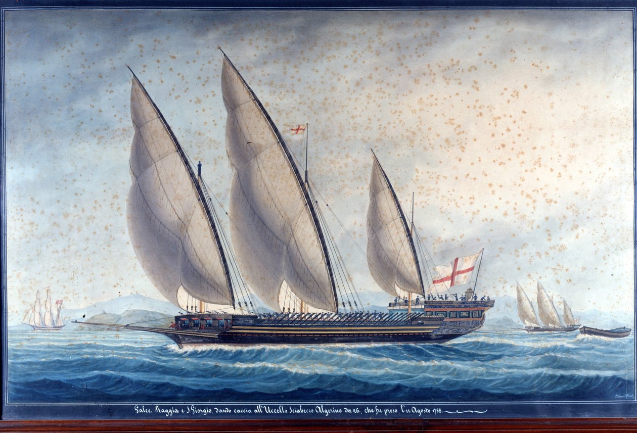As galeras de Genoa Raggia e San Giorgio perseguem o chebec Uccello argelino. 11 de Agosto de 1788. Tinta de Unknown artist