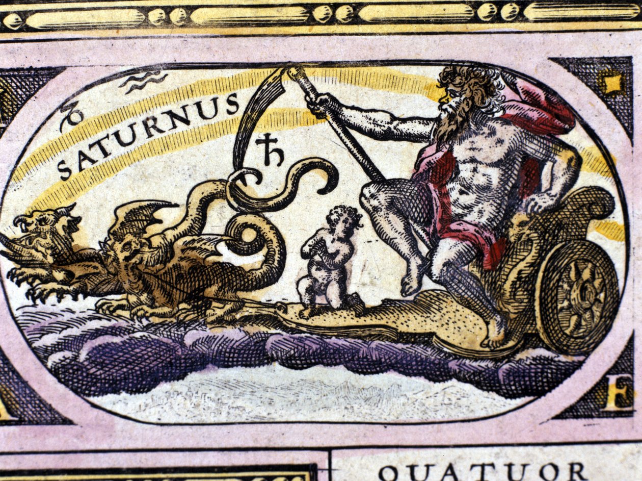 O Deus Saturno (Cronos) em um tanque desenhado por dois dragões. de Unknown artist