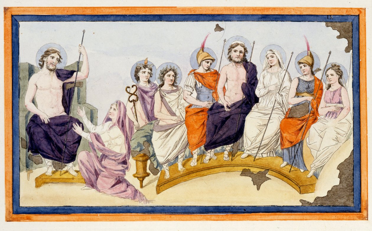 Os Deuses do Olimpo e à esquerda Thetis, mãe de Aquiles, está de joelhos contra Zeus (Júpiter) para implorar-lhe que ajude seu filho contra Agamémnon e apoie os troianos. L
