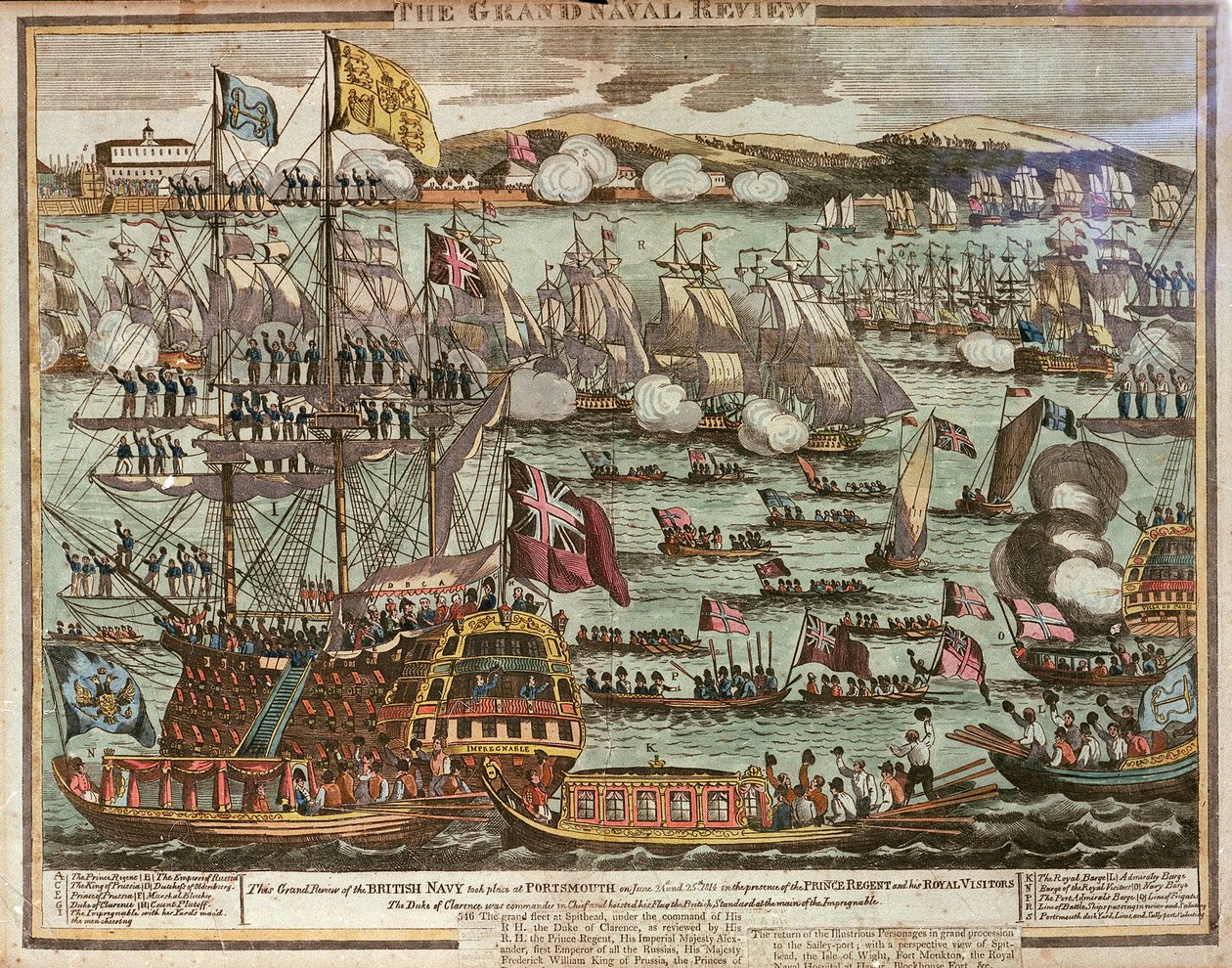 A Grande Revista Naval. Esta Grande Revista da Marinha Britânica teve lugar em Portsmouth, em 24 e 25 de junho de 1814, na presença do Príncipe Regente e dos seus Visitantes Reais, c. 1814 (gravura a cores) de Unknown artist