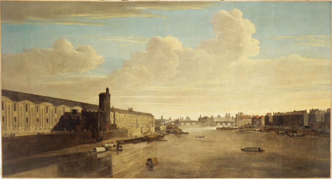 A Grande Galerie do Louvre, com a Porte Neuve, Pont-Neuf, Cité, Tour de Nesle e Quai Malaquais, cerca de 1640, actuais 1º e 6º bairros, entre 1635 e 1645 (óleo sobre tela) de Unknown artist