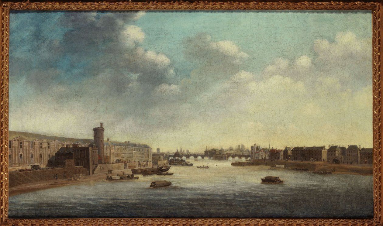 A Grande Galeria do Louvre, com a Porte Neuve, o Pont-Neuf, a Cité, a Tour de Nesle e o Quai Malaquais, cerca de 1640, entre 1635 e 1645 (óleo sobre tela) de Unknown artist