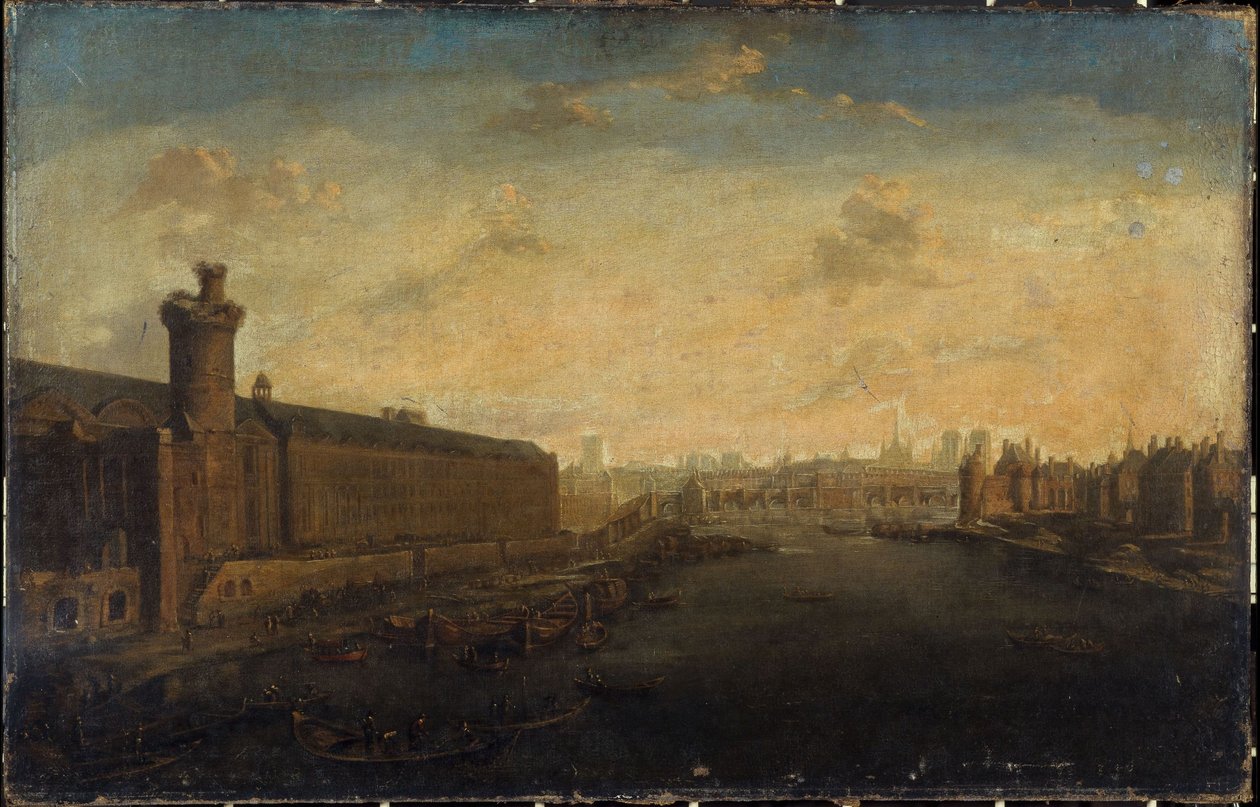A Grande Galerie do Louvre, com a Porte Neuve, Pont-Neuf, Cité, Tour de Nesle e Quai Malaquais, cerca de 1640, actuais 1º e 6º bairros, entre 1635 e 1645 (óleo sobre tela) de Unknown artist
