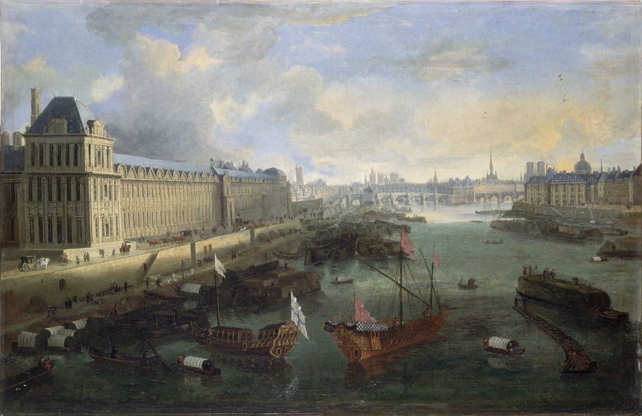 A Grande Galerie do Louvre, o Pont-Neuf, a Cité, o Collège des Quatres-Nations, ca. 1670 No Sena, a galera real, entre 1670 e 1685 (óleo sobre tela) de Unknown artist