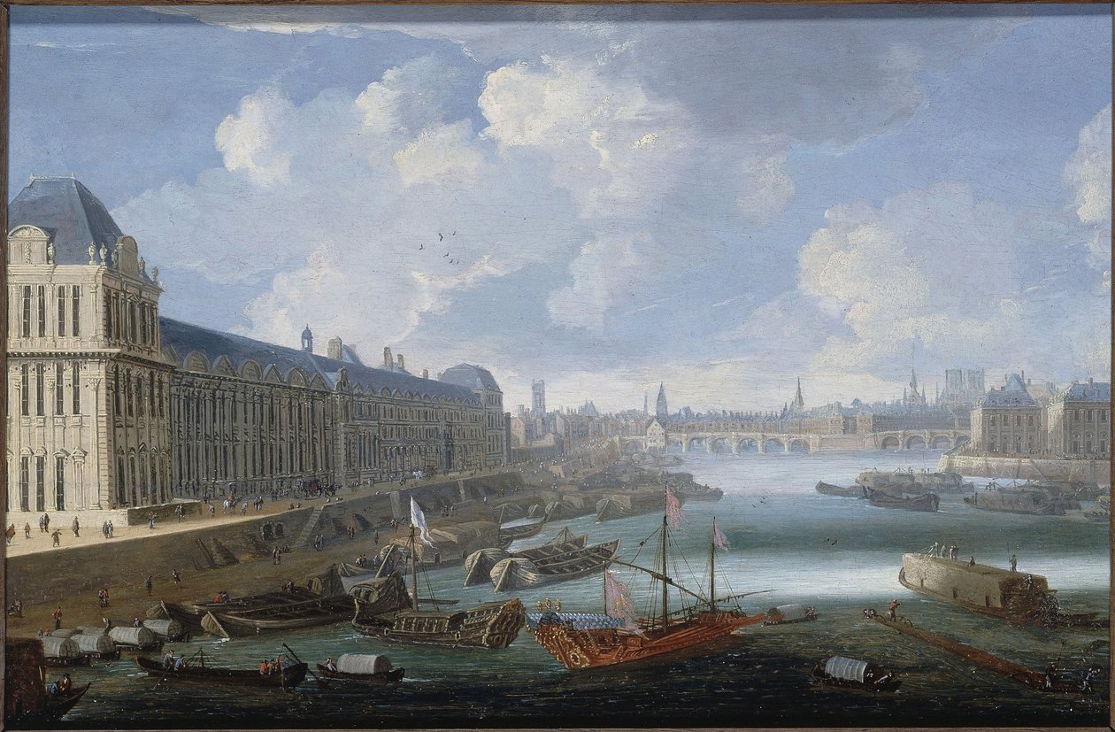 A Grande Galerie do Louvre, o Pont-Neuf, a Cité, o Collège des Quatres-Nations, ca. 1670 No Sena, a galera real, entre 1670 e 1685 (óleo sobre madeira) de Unknown artist