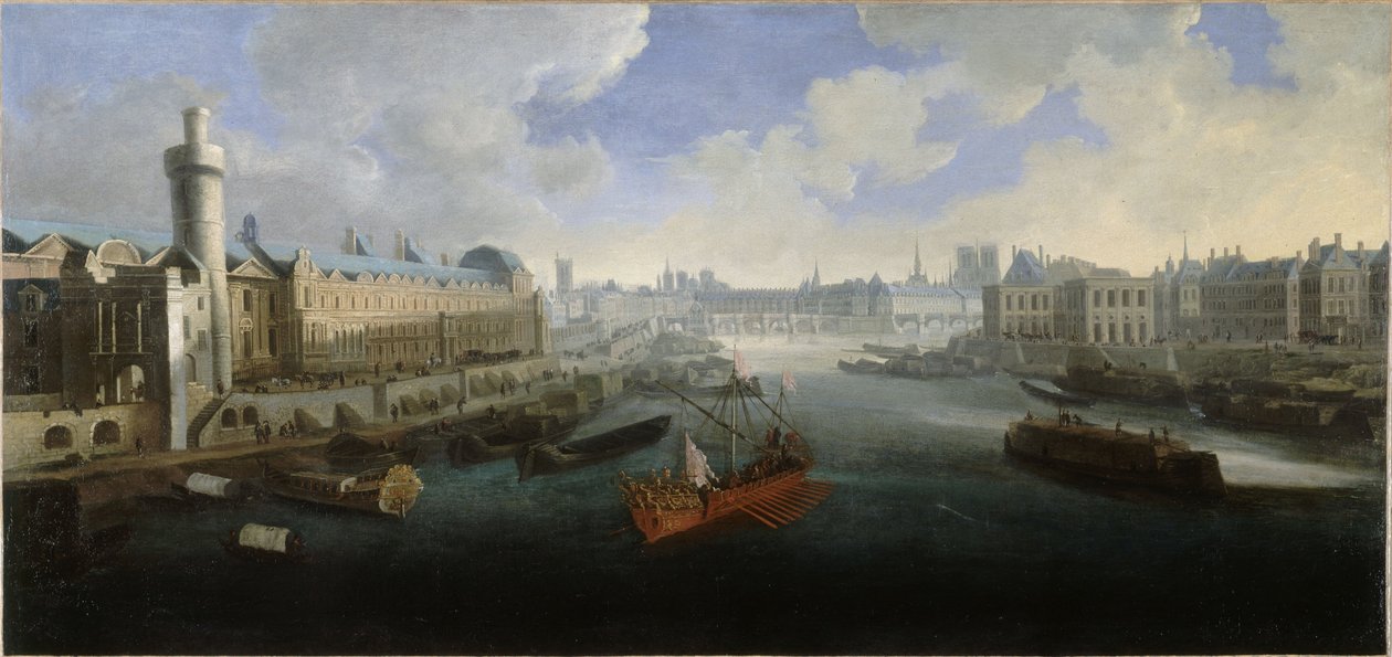 A Grande Galerie do Louvre, com a Porte Neuve, o Pont-Neuf, a Cité, o Collège des Quatres-Nations em construção e o Quai Malaquais, cerca de 1665. No Sena, a galé real, entre 1660 e 1670 (óleo sobre tela) de Unknown artist