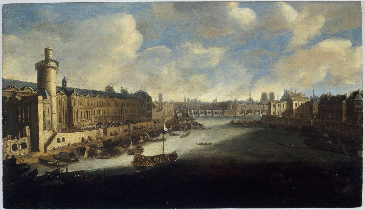 A Grande Galerie do Louvre, com a Porte Neuve, o Pont-Neuf, a Cité, o Collège des Quatres-Nations em construção e o Quai Malaquais, cerca de 1665. No Sena, a galé real, entre 1660 e 1670 (óleo sobre madeira) de Unknown artist