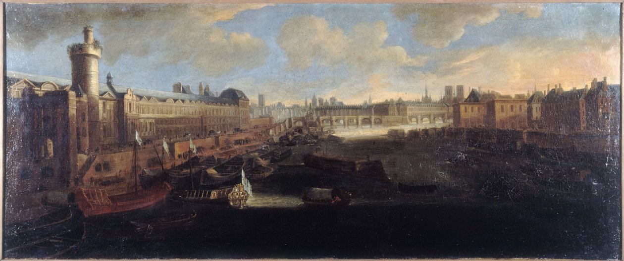 A Grande Galerie do Louvre, com a Porte Neuve, o Pont-Neuf, a Cité, o Collège des Quatres-Nations em construção e o Quai Malaquais, cerca de 1665, no Sena, a galé real, actuais 1.º e 6.º bairros, entre 1660 e de Unknown artist