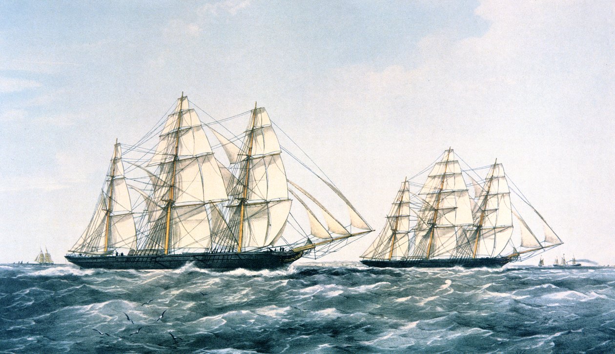 A Grande Corrida de Navegadores de 1866 entre a "Ariel" e a "Taeping" trazendo a nova colheita de chá da China para Londres (cor litho) de Unknown artist