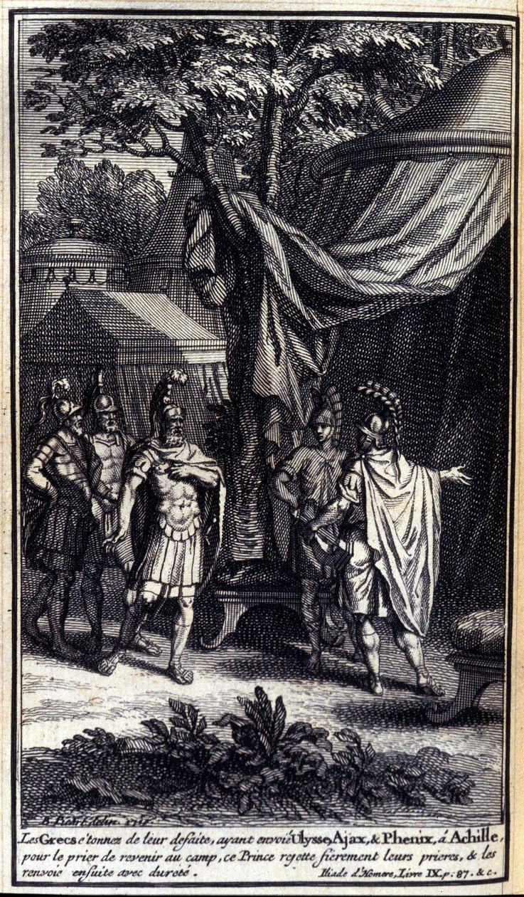 Os gregos, espantados com a sua derrota, enviaram Ulisses, Ajax e Phénix para Aquiles para rezar para que ele voltasse ao acampamento. Este príncipe rejeita orgulhosamente as suas orações e depois manda-os de volta com força. Ilustração do livro IX da Ilía de Unknown artist