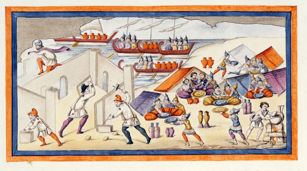 Os gregos começaram a cavar um baluarte para proteger as suas casernas e navios. A Ilíada. A Canção VII. Gravura do final do século XVIII. de Unknown artist