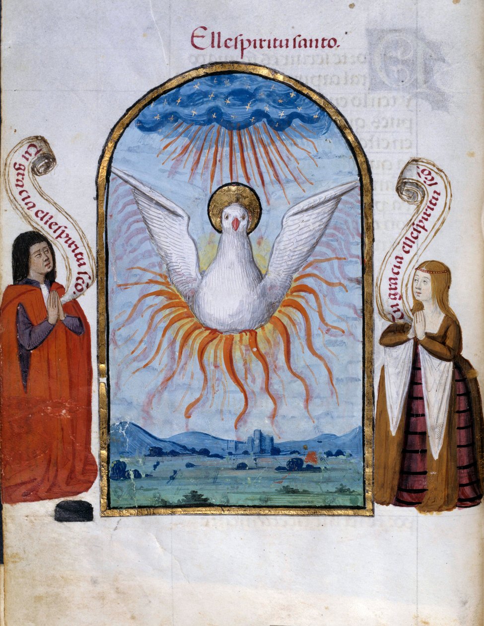 A página do manuscrito do Espírito Santo retirado da "Colecção de devoção da Rainha Joana the Folle (1479-1555) de Espanha" de Pedro Marcuello ("Devocionario de la Reyna Da Juana a Quien Llamaron la Loca") Sol do século XV. 0,21x0,14 m Chantilly, Musee Con de Unknown artist